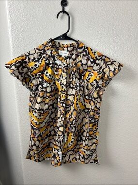 Dear John Yellow  Black Floral Button-Front Blouse Sz S Ruffle Casual TC0296